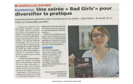 Bad Girls' Night à Courseulles-sur-Mer le 10 octobre 2019 - article de presse 